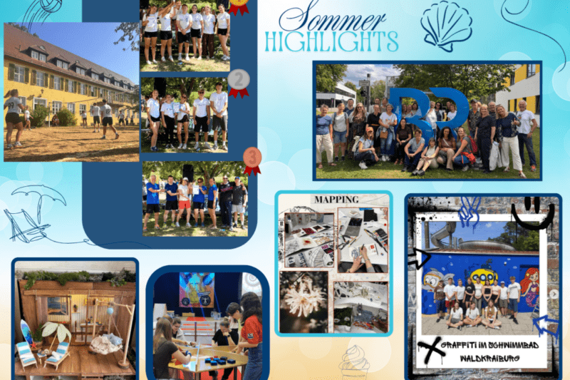 Dieses Bild zeigt verschiedene Aktionen unserer Fachakademie, zum Beispiel unser Volleyballtunier, den Betriebsausflug zum Bayerischen Rundfunk und die entstandenen Graffitis im Stadtbad Waldkraiburg.